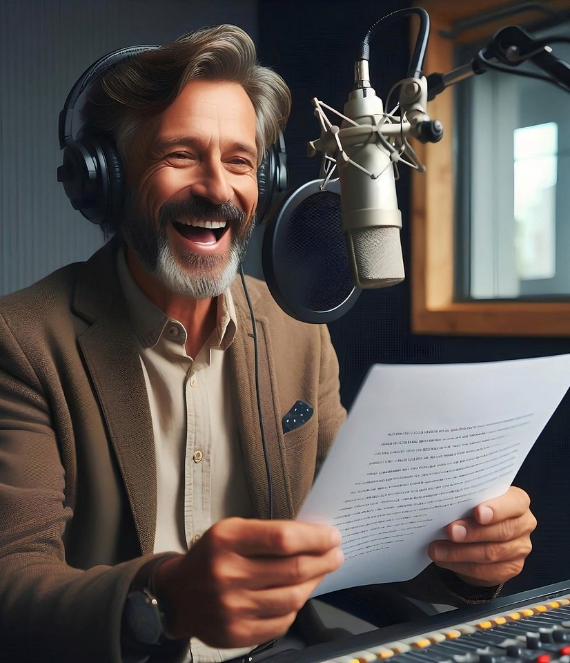 A cheerful man reading a script into a podcast microphone